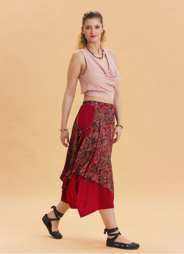 Red Ethnic Skirt with Tie Detail and Elastic Waist Pattern 4522